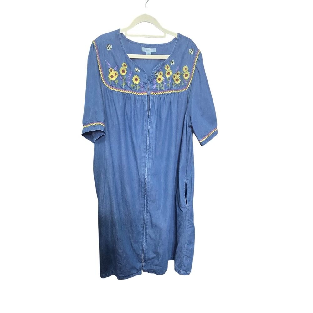 Go Softly Patio Dress Woman‎ 1X Blue Sunflower Embroidered Zip Front Cotton